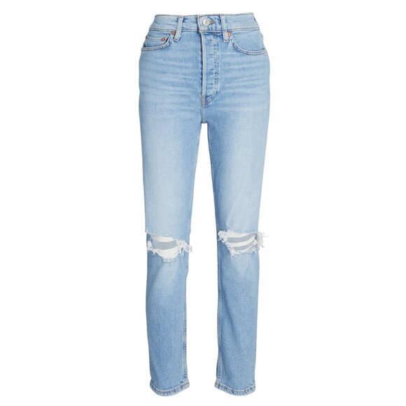RE/DONE 90's High Rise Ankle Crop Jeans In Sanded Blue Sz 29 Distressed Denim - Picture 3 of 9